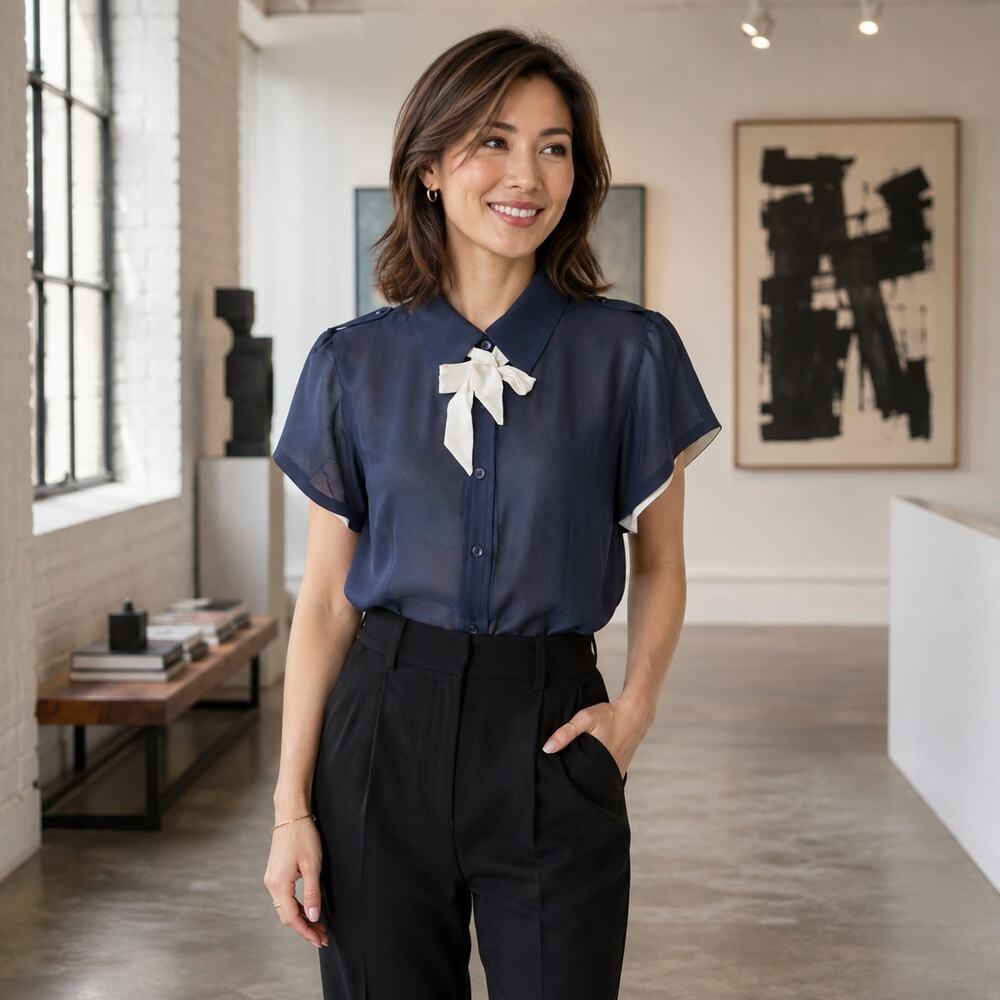 Tulip B Small Navy Ivory Tie Neck Flutter Sleeve Button Front Blouse NWT